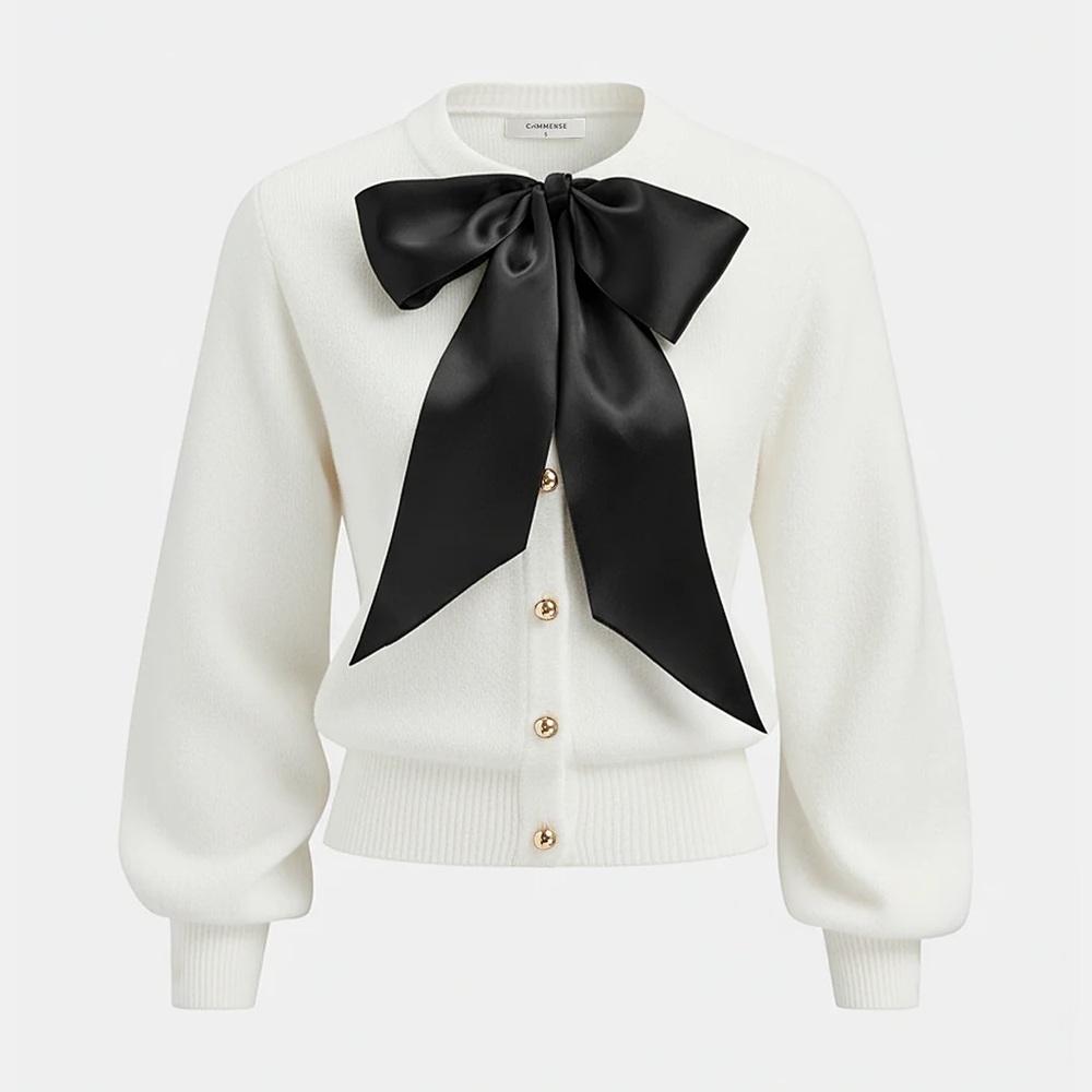 Commense White Sweater with Black Bow